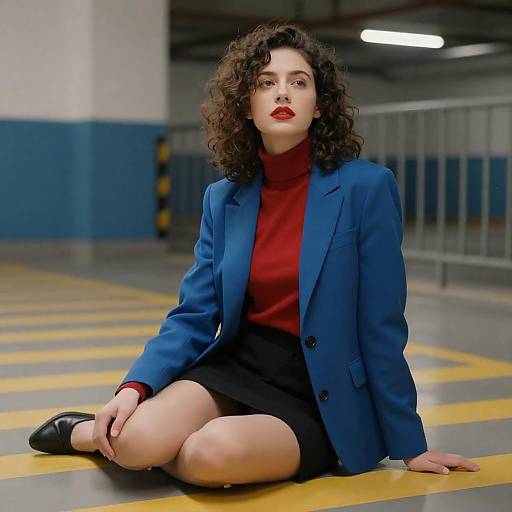 Curly-Haired Woman on Yellow-Striped Floor