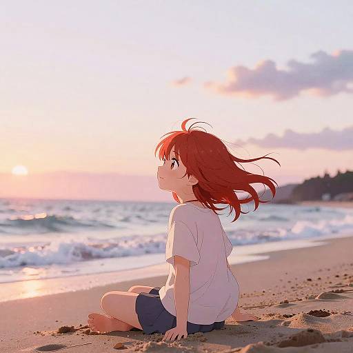 Cute Red-Haired Anime Girl at Sunset