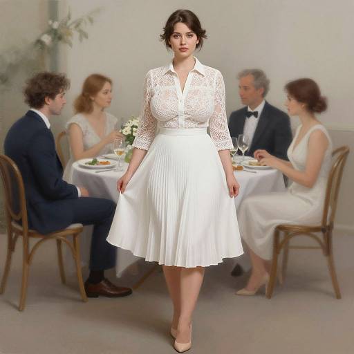 Photograph of a dark-haired woman in a white lace blouse and pleated skirt, standing in front of a blurred dining table with four elegantly dressed