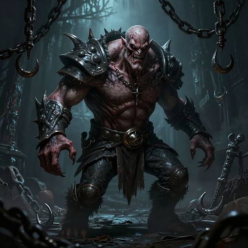 Digital artwork of a muscular, bald, skeletal monster with dark armor and chains, crouching menacingly in a dimly lit, dungeon-like cave