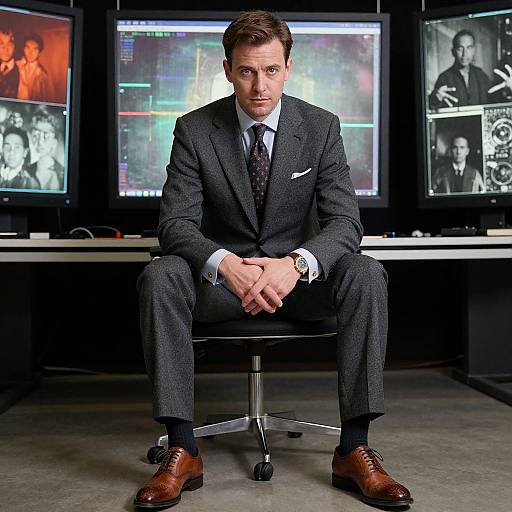 Photograph of a Caucasian man in a gray suit, white shirt, and patterned tie, sitting in front of three computer monitors displaying black-and-white