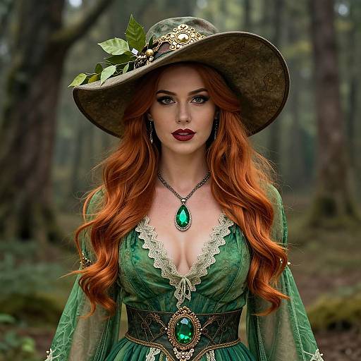 Photograph-style digital art of a fair-skinned, red-haired woman in a green, lace-trimmed dress, wearing a wide-brimmed