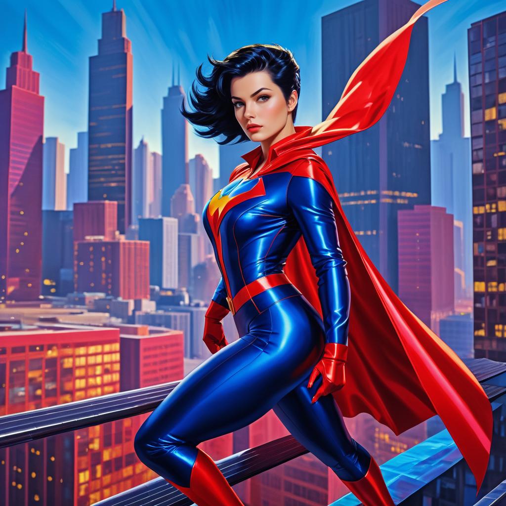 Vibrant Female Superhero in Cityscape