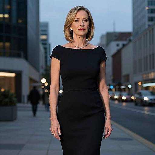Photograph of a poised middle-aged woman with shoulder-length blonde hair, wearing a form-fitting black dress and necklace, standing on a city street at