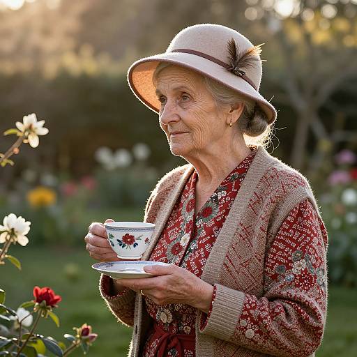 Elderly Woman Enjoying Tea in Sunlit Garden