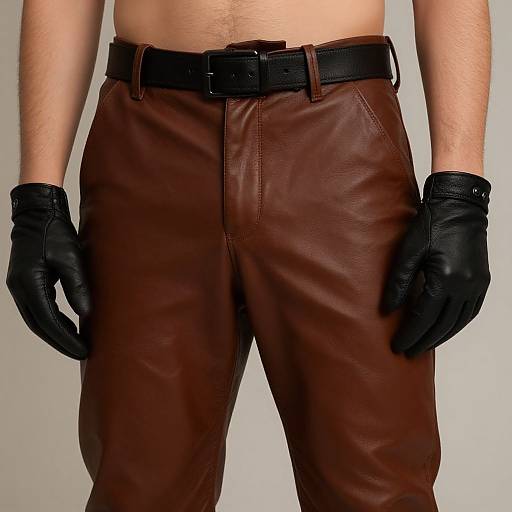 Photograph of a man's torso and waist, wearing brown leather pants, black belt, and black leather gloves, against a plain white background.