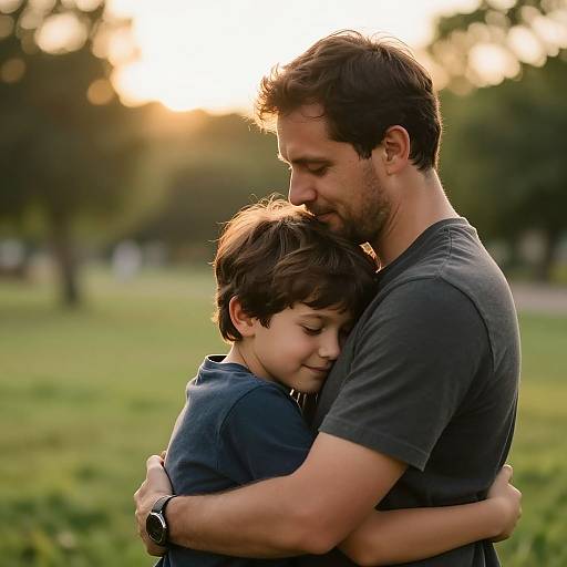 Photograph of a bearded man in a gray t-shirt hugging a young boy with brown hair, both with closed eyes, in a sunlit