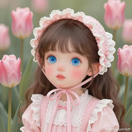 Curious Girl Among Blurred Tulips