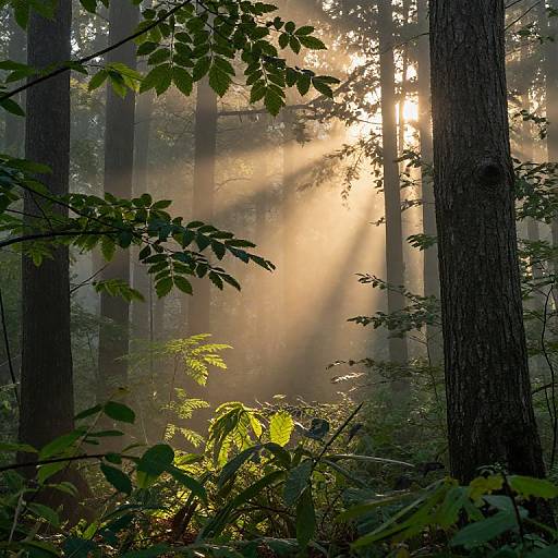 Photograph of a sunlit forest, sunlight beams through tall trees, misty atmosphere, green leaves in foreground, tall tree trunks, serene morning