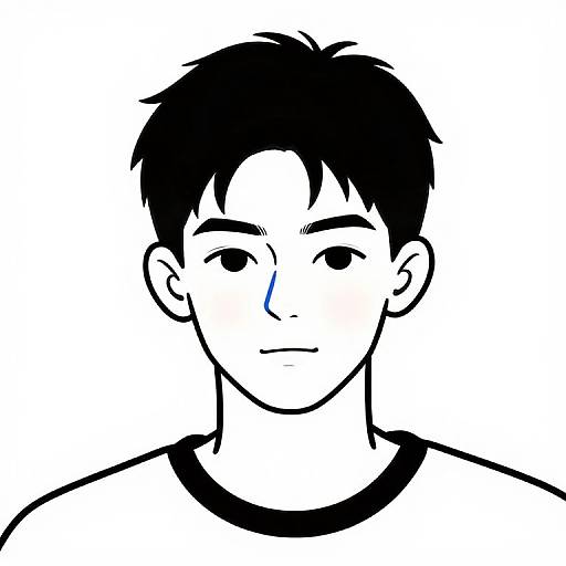 Black-and-white digital drawing of a young man with short, messy black hair, one black eye, and one blue eye, wearing a simple black-c