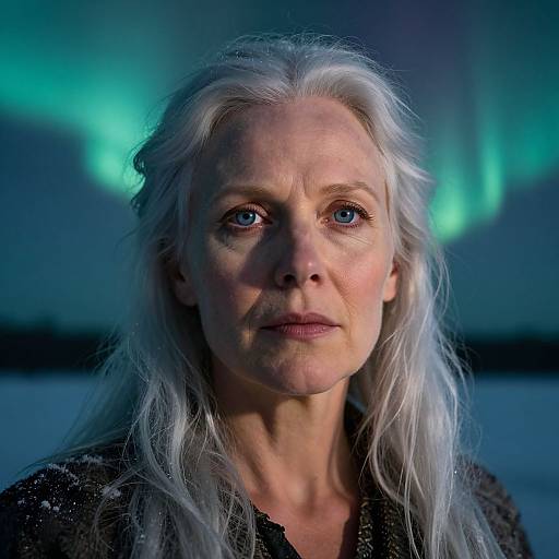 Photograph of an elderly woman with long white hair, blue eyes, and fair skin, set against a night sky with green northern lights. She wears