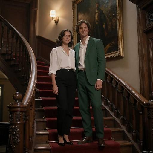 Elegant Couple on Grand Wooden Staircase