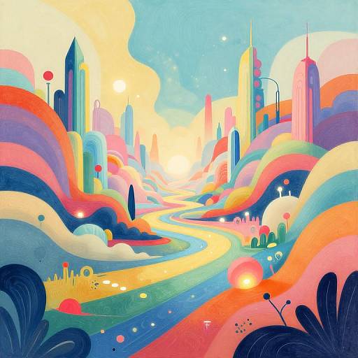 Vibrant, surreal digital artwork of a colorful cityscape with swirling rainbow hills, winding path, and glowing skyscrapers under a bright sun.