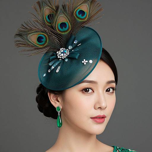 Photograph of an Asian woman with fair skin, black hair in an updo, wearing a teal peacock-feathered hat, green earrings,