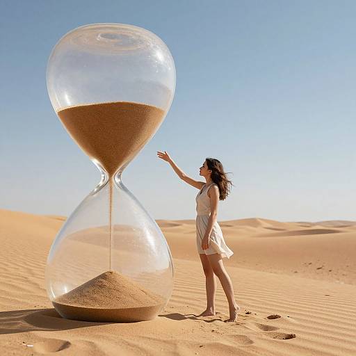 Photograph of a woman in a white dress reaching toward a giant hourglass in a desert with golden sand and clear blue sky.
