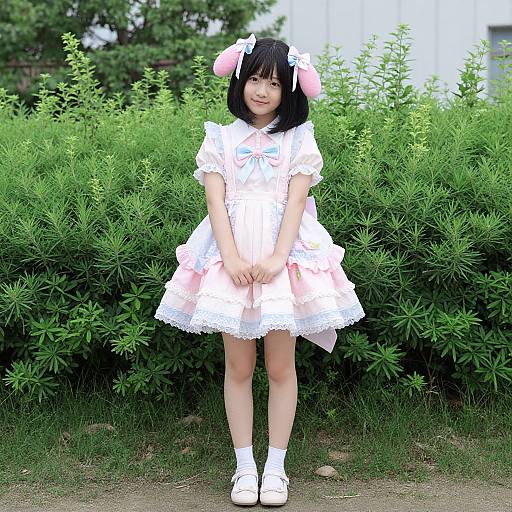 Photograph of an Asian girl with black hair, wearing a pink-and-white frilled dress, bunny ears, and white shoes, standing in front of
