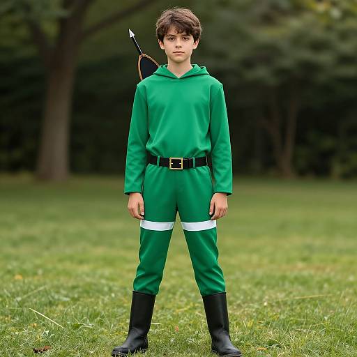 Photograph of a young boy in a green Robin Hood-style costume with black boots, belt, and quiver, standing on grass in a forested