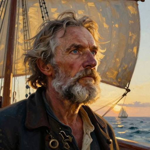 Photorealistic digital painting of a rugged, gray-bearded older man with blue eyes, wearing a weathered shirt, standing on a ship at sunset