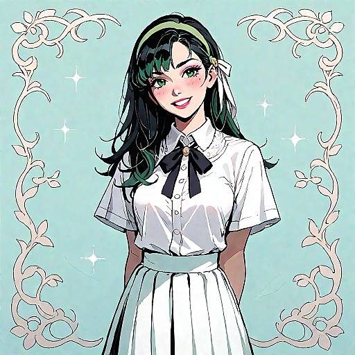 Green-Haired Schoolgirl Smiling, Leaning Back