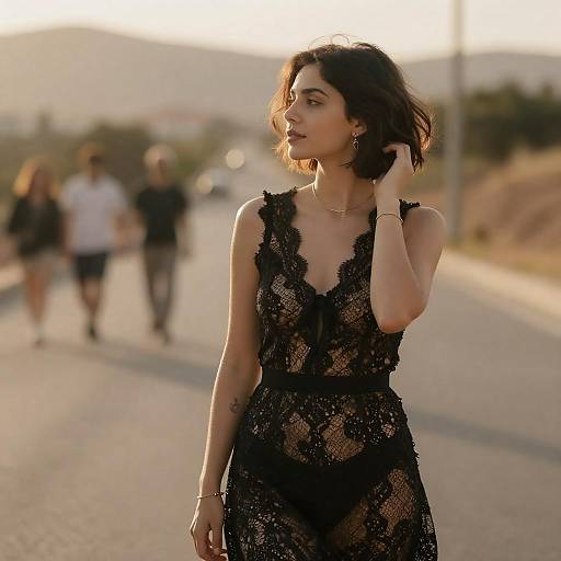 Elegant Woman in Sunlit Road Scene