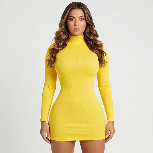 Photograph of a woman with long, wavy brown hair wearing a tight, long-sleeve, ribbed yellow dress against a plain white background