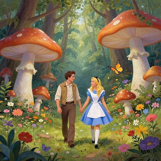 Whimsical forest scene with a dark-haired man in a vest and brown pants, holding hands with a blonde woman in a blue and white dress,