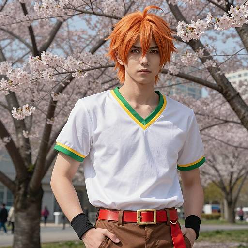 Anime Cosplay Male with Orange Hair and Cherry Blossoms