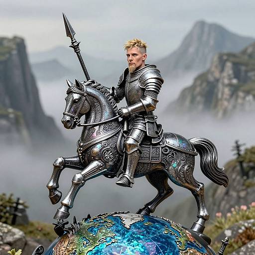 Knight Charging Through Misty Mountains