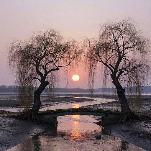 Sunrise over Willow Trees and Stone Bridge at Estuary