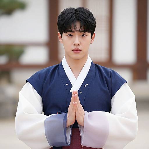 Photorealistic digital image of an East Asian man with black hair, wearing a traditional white and navy Korean hanbok, hands in prayer position,