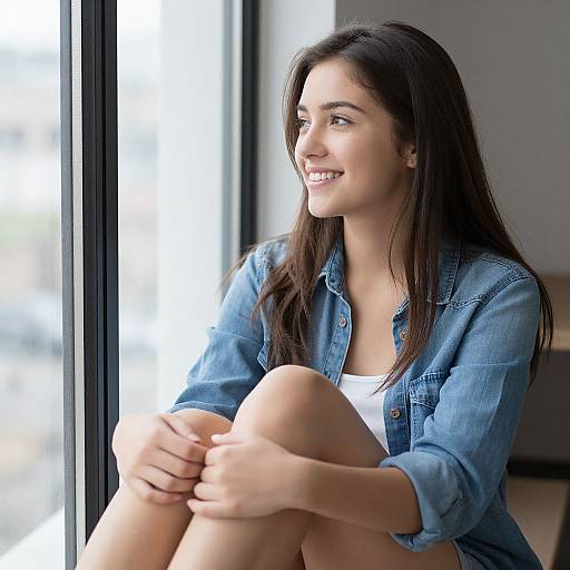 Photograph of a smiling young woman with long dark hair, wearing a denim shirt and white top, sitting by a window, arms hugging knees,