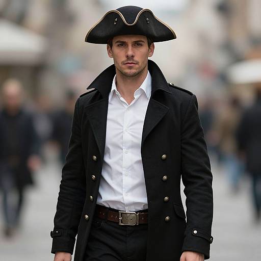 Photograph of a handsome man in a black tricorne hat, white shirt, black double-breasted coat, and black pants, walking confidently in