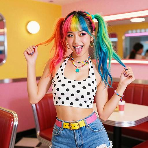 Vibrant photograph of a young Asian woman with rainbow pigtails, sticking out her tongue, wearing a polka dot crop top, high-w