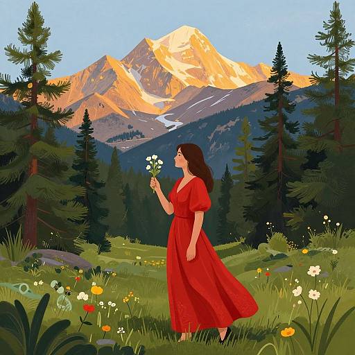 Digital illustration of a woman in a red dress holding a flower, standing in a lush meadow with pine trees, surrounded by a majestic, sunlit