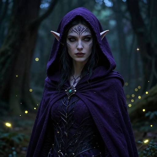 Digital fantasy artwork of an elf woman with pointed ears, dark purple hooded cloak, intricate facial tattoos, in a mystical forest with glowing fireflies.