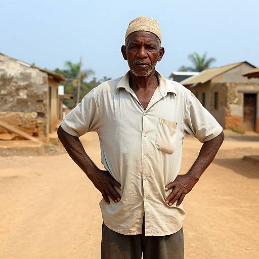 Photograph of an elderly African man with dark skin, white shirt, and beige cap, standing confidently in a rural village with stone houses and a clear