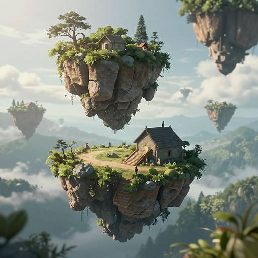 Fantastical CGI image of floating, lush, rocky islands with quaint houses, trees, and small figures, set in a bright, cloudy sky.