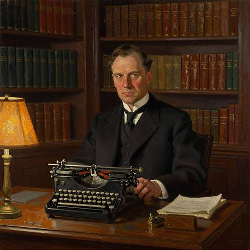 Photograph-style painting of a serious, middle-aged man in a black suit typing on an antique typewriter in a dimly lit, wooden-paneled