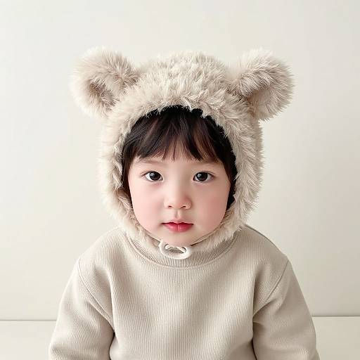 Photograph of a young Asian boy with fair skin and dark hair, wearing a fluffy white bear-eared hooded sweater, against a plain white background