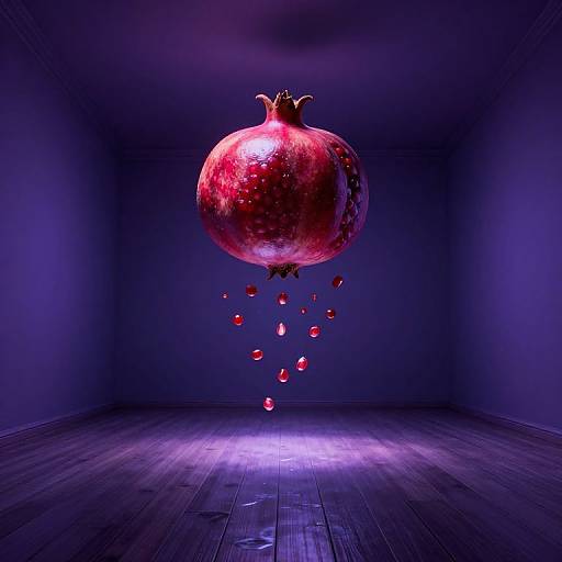 Photorealistic CGI of a glowing red pomegranate with seeds falling, floating in a dimly lit, purple-hued wooden room.