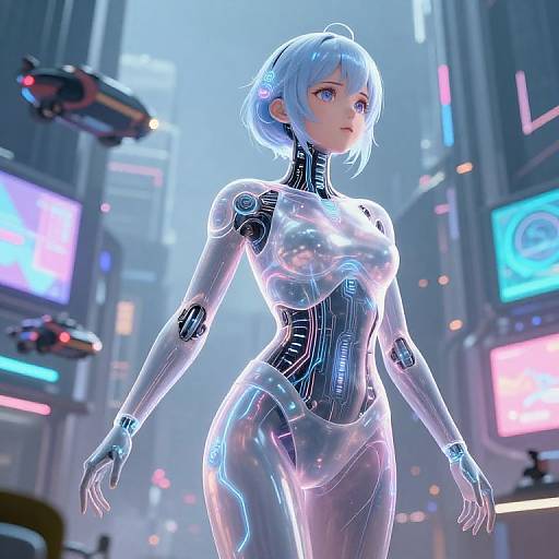 CGI image of a blue-haired, cybernetic woman with glowing circuit patterns, standing in a futuristic neon-lit cityscape, wearing a transparent
