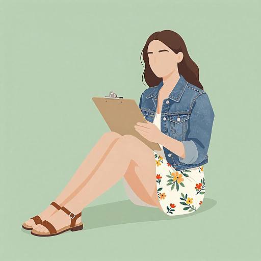 Young Woman Sitting with Clipboard in Floral Dress
