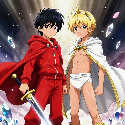 Anime-style digital artwork of two male characters: black-haired in red cloak with sword, blond-haired in white loincloth and crown, surrounded by floating