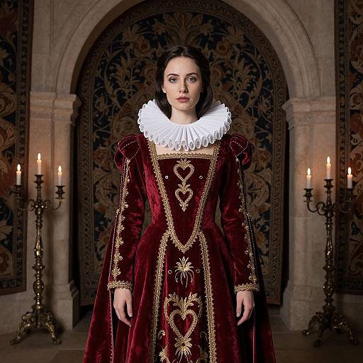 Photograph of a pale-skinned woman with dark hair in a Renaissance-style, deep red velvet dress with gold embroidery and a white ruffled collar,