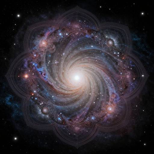 Photograph of a spiral galaxy with glowing center, surrounded by swirling purple, blue, and red nebulae, dotted with stars and cosmic dust in