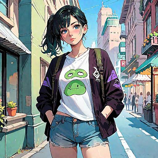 Anime Girl Standing in City Scene