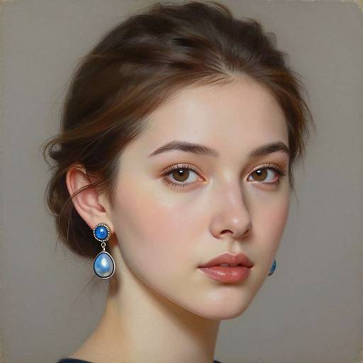 Digital portrait of a young woman with fair skin, brown eyes, and brown hair in a loose updo. She wears blue, teardrop-shaped
