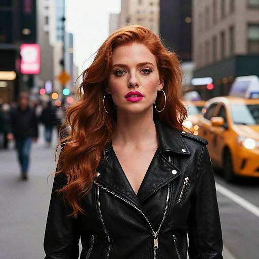 Photograph of a red-haired woman with wavy hair, wearing a black leather jacket, hoop earrings, and pink lipstick, walking on a busy city