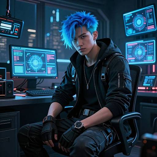 Cyberpunk male with blue spiky hair, black hoodie, and fingerless gloves, sits in a futuristic control room with neon-lit monitors.