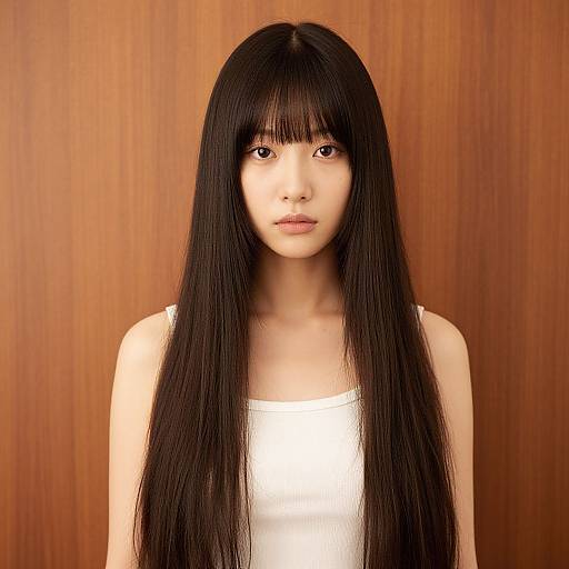 Photograph of an East Asian woman with long, straight black hair, wearing a white tank top, against a wooden background.